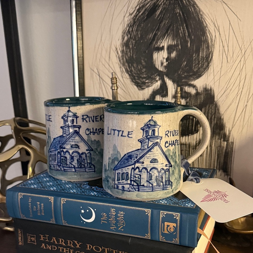 Set of 2 Blue Little River Chapel Ceramic Mug - Handcrafted Stoneware